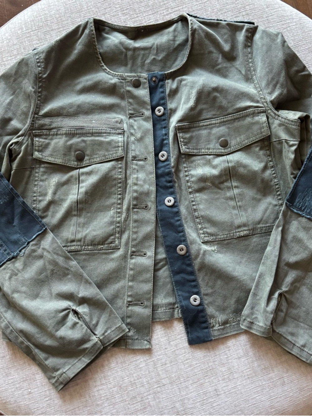 Free People Olive Green Bohemian Jacket with Navy Trim